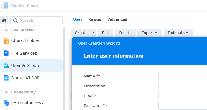Adding a user in the Synology Control Panel, awarding admin access