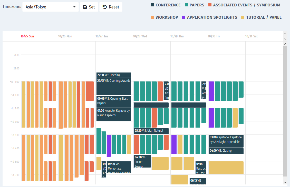 Showing the virtual IEEE VIS calendar, with the timezone set to Tokyo.