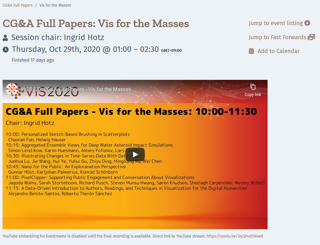 Example session page with breadcrumb, video link, and metadata