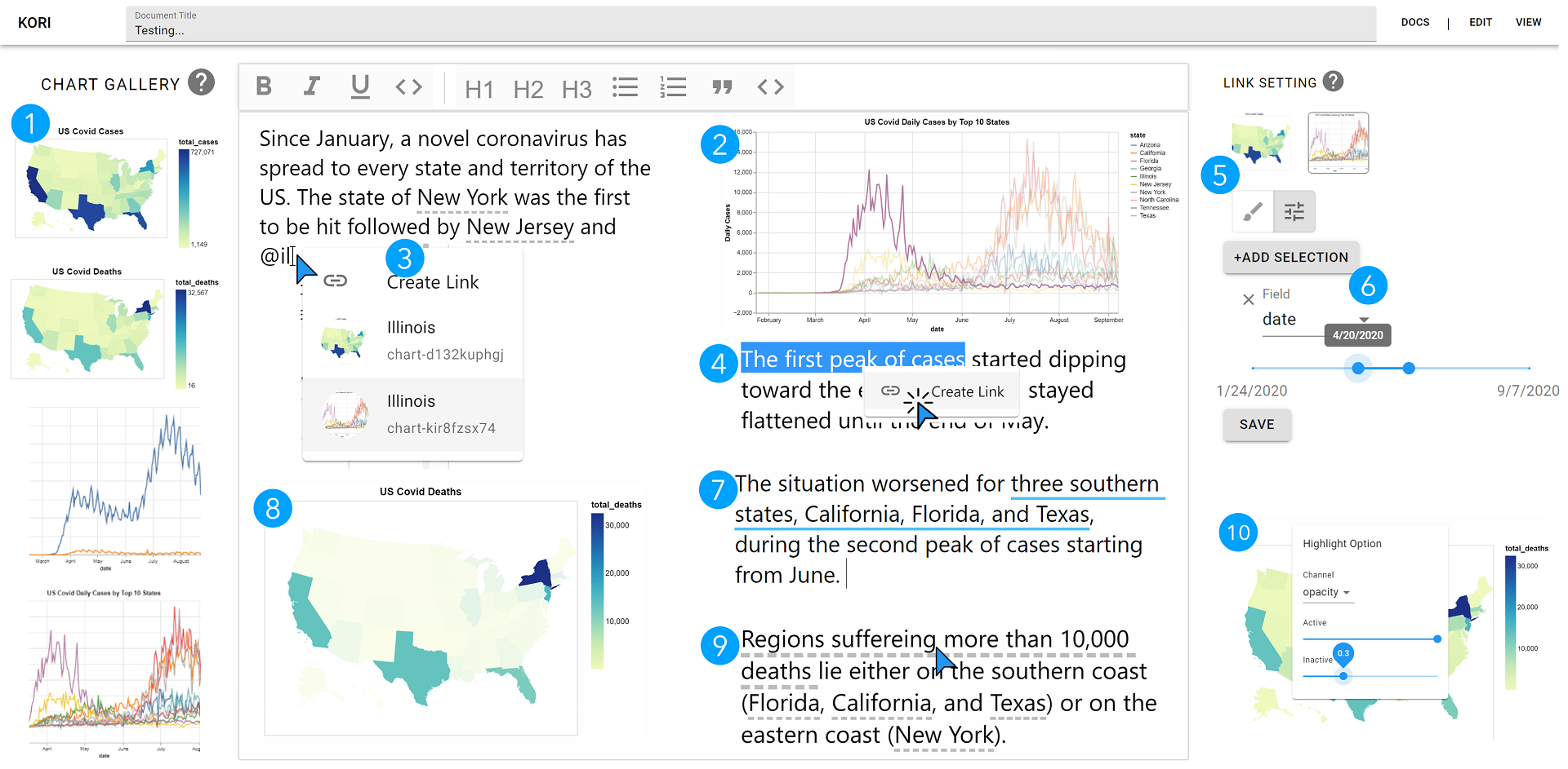 The Kori system allows users to create hard links between visualization features and associated text
